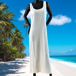 Johnny Was Collection White on White Sleeveless Scoop Neck Maxi Dress